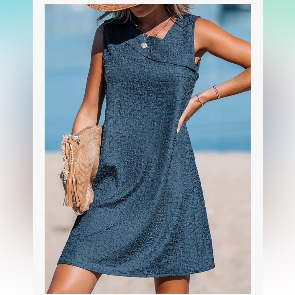 Cupshe NWT S TROPICAL BLUE crinkle Sleeveless Textured Blue mini Dress coverup